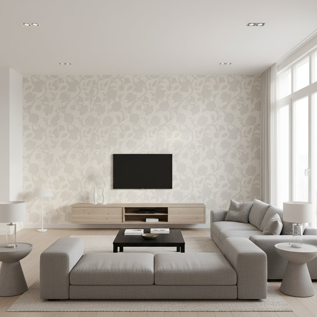 Cabrera Pearl Pearl | Thibaut - Living Room Visualization (AI-generated, may not be to scale. Verify pattern scale with product specifications.)