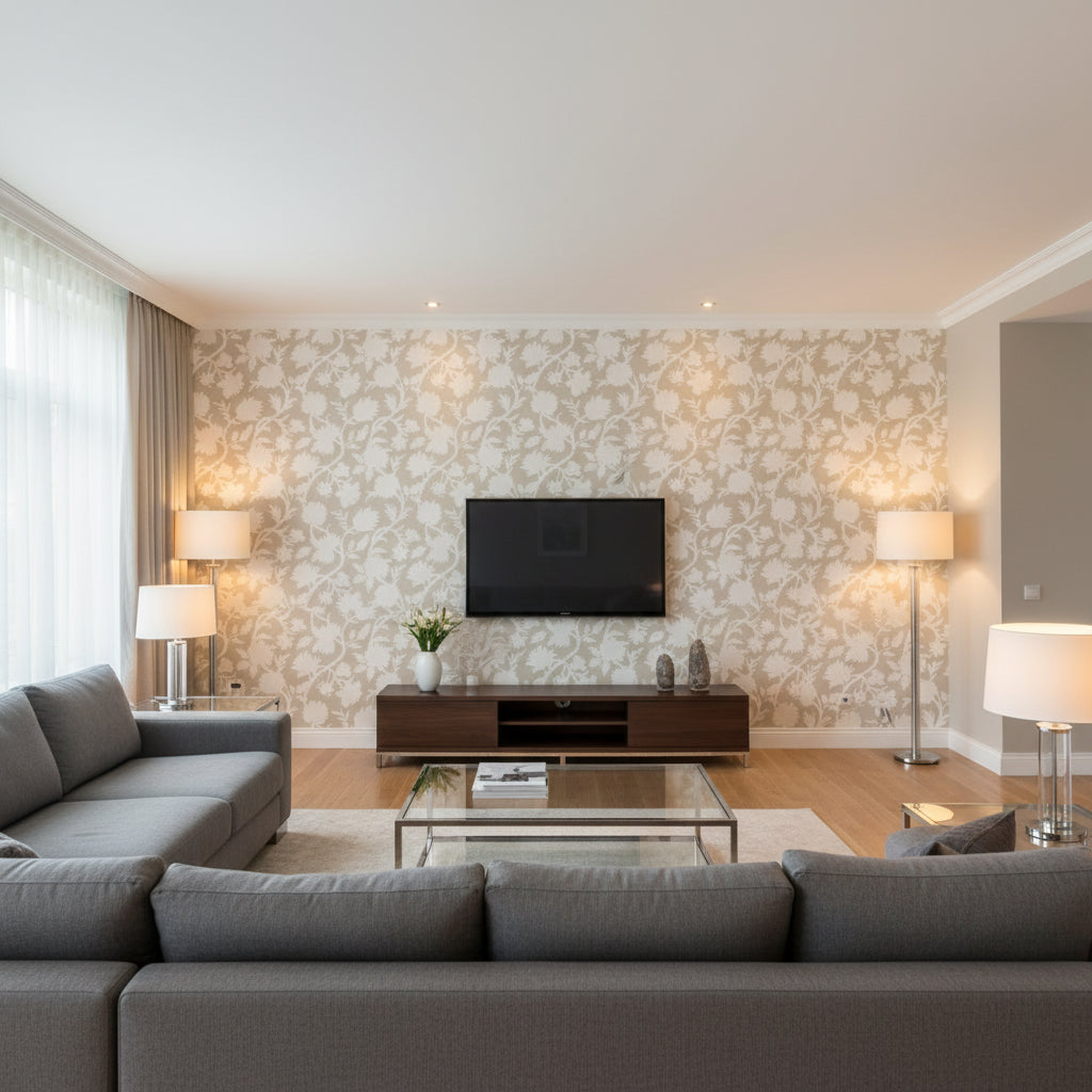 Cabrera Linen Linen | Thibaut - Living Room Visualization (AI-generated, may not be to scale. Verify pattern scale with product specifications.)
