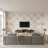 Bahia Metallic Gold on Pearl on White Pearl on White | Thibaut - Living Room Visualization (AI-generated, may not be to scale. Verify pattern scale with product specifications.)
