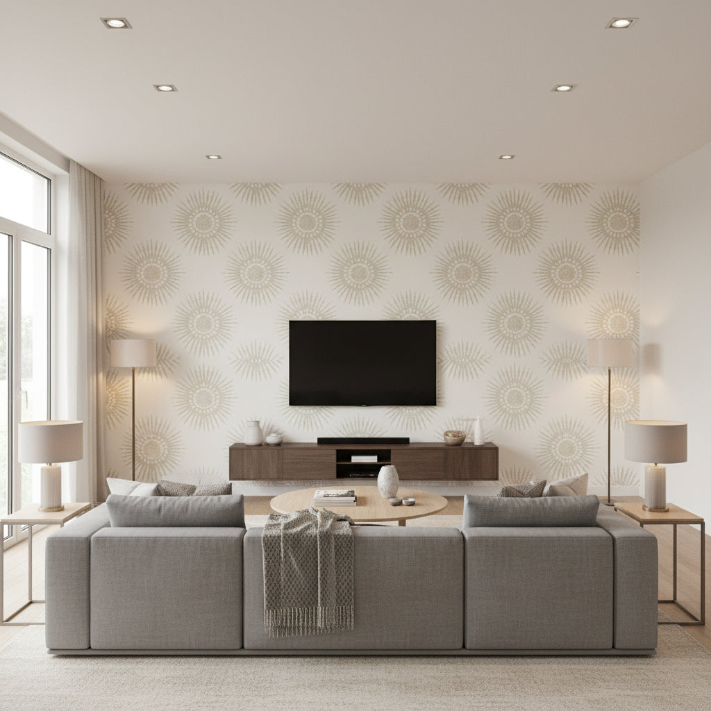 Bahia Metallic Gold on Pearl on White Pearl on White | Thibaut - Living Room Visualization (AI-generated, may not be to scale. Verify pattern scale with product specifications.)