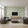 Bahia Metallic Gold on Metallic Gold on Aqua Metallic Gold on Aqua | Thibaut - Living Room Visualization (AI-generated, may not be to scale. Verify pattern scale with product specifications.)