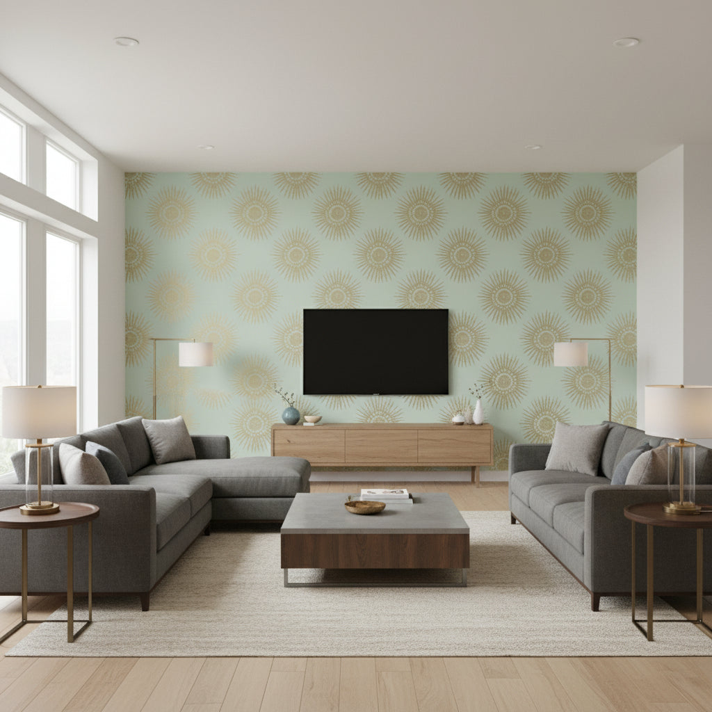 Bahia Metallic Gold on Metallic Gold on Aqua Metallic Gold on Aqua | Thibaut - Living Room Visualization (AI-generated, may not be to scale. Verify pattern scale with product specifications.)
