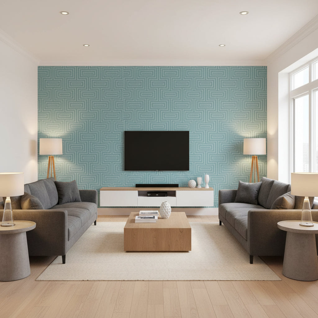 Broadway Metallic Pewter on Mineral pale teal | Thibaut - Living Room Visualization (AI-generated, may not be to scale. Verify pattern scale with product specifications.)
