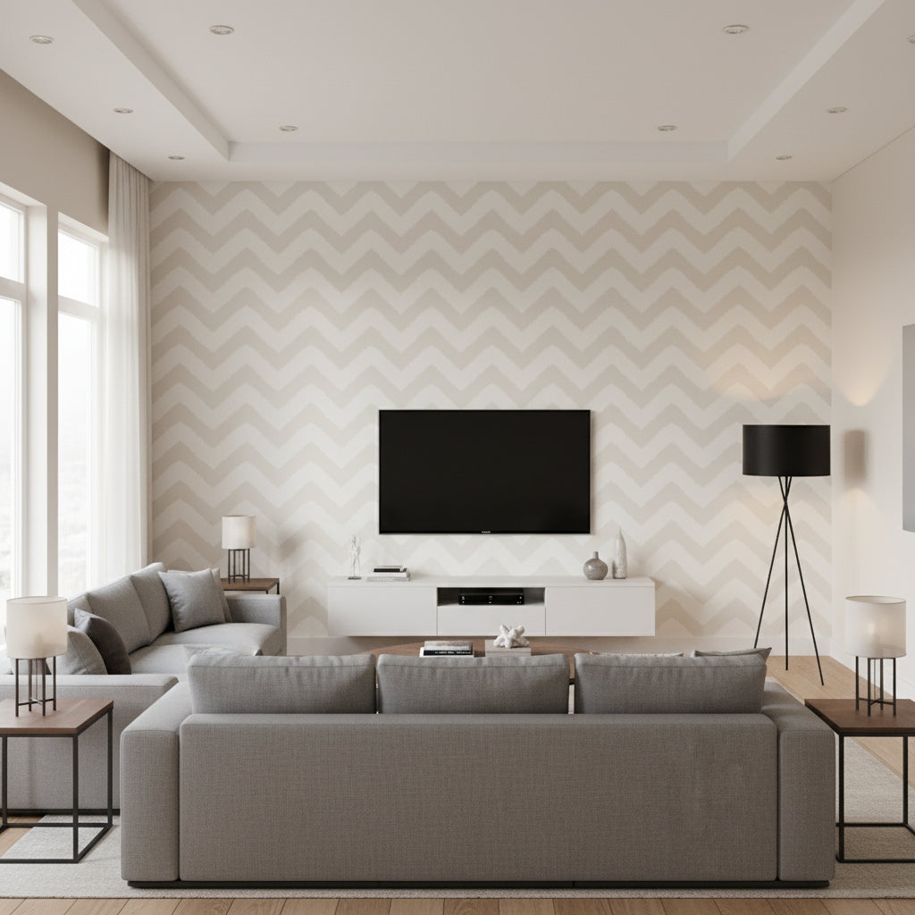 Allison Pearl Pearl | Thibaut - Living Room Visualization (AI-generated, may not be to scale. Verify pattern scale with product specifications.)