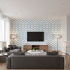 Widenor Chevron Sky Blue Sky Blue | Thibaut - Living Room Visualization (AI-generated, may not be to scale. Verify pattern scale with product specifications.)
