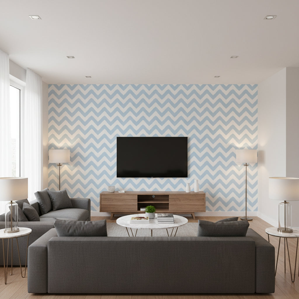 Widenor Chevron Sky Blue Sky Blue | Thibaut - Living Room Visualization (AI-generated, may not be to scale. Verify pattern scale with product specifications.)