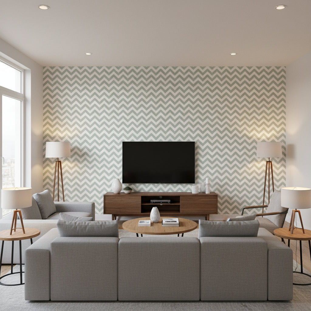 Widenor Chevron Taupe on Charcoal Charcoal | Thibaut - Living Room Visualization (AI-generated, may not be to scale. Verify pattern scale with product specifications.)