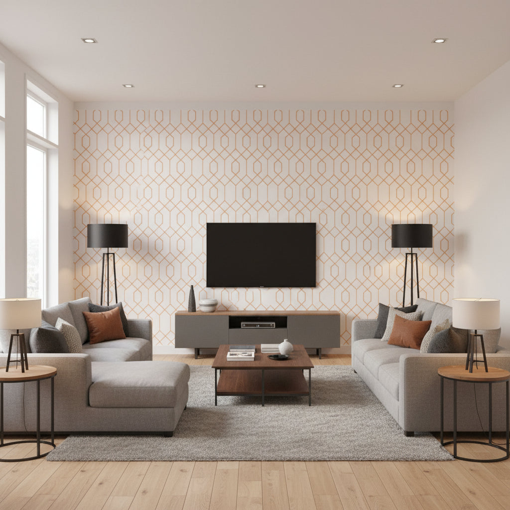 La Farge Metallic Silver on Orange apricot | Thibaut - Living Room Visualization (AI-generated, may not be to scale. Verify pattern scale with product specifications.)