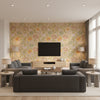 Lizette Navy and Tea Stain Tea Stain | Thibaut - Living Room Visualization (AI-generated, may not be to scale. Verify pattern scale with product specifications.)