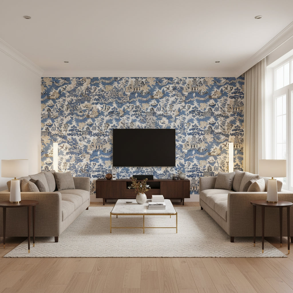 Lizette Navy and Blue Blue | Thibaut - Living Room Visualization (AI-generated, may not be to scale. Verify pattern scale with product specifications.)