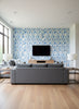 Halie Aqua and Aqua and Coral Aqua and Coral | Thibaut - Living Room Visualization (AI-generated, may not be to scale. Verify pattern scale with product specifications.)