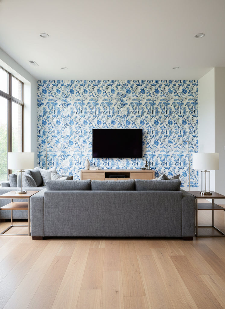 Halie Aqua and Aqua and Coral Aqua and Coral | Thibaut - Living Room Visualization (AI-generated, may not be to scale. Verify pattern scale with product specifications.)