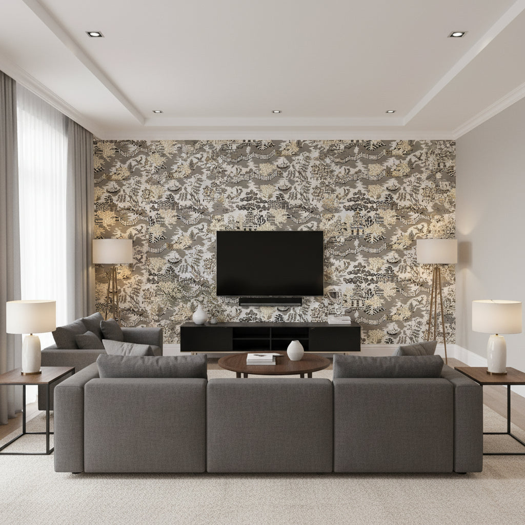 Halie Aqua and Grey and Black Grey and Black | Thibaut - Living Room Visualization (AI-generated, may not be to scale. Verify pattern scale with product specifications.)
