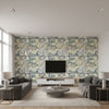 Halie Aqua and Navy on Beige Navy on Beige | Thibaut - Living Room Visualization (AI-generated, may not be to scale. Verify pattern scale with product specifications.)
