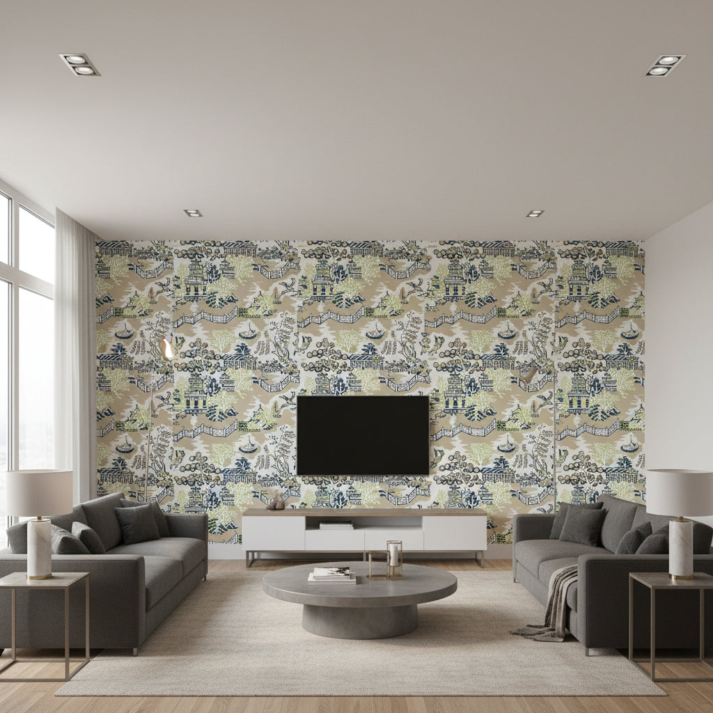 Halie Aqua and Navy on Beige Navy on Beige | Thibaut - Living Room Visualization (AI-generated, may not be to scale. Verify pattern scale with product specifications.)