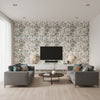 Nemour Beige and Aqua Beige and Aqua | Thibaut - Living Room Visualization (AI-generated, may not be to scale. Verify pattern scale with product specifications.)