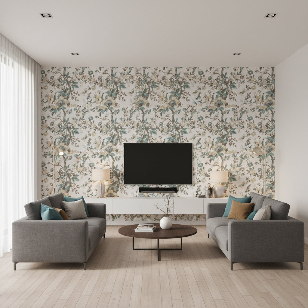 Nemour Beige and Aqua Beige and Aqua | Thibaut - Living Room Visualization (AI-generated, may not be to scale. Verify pattern scale with product specifications.)