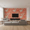 Nemour Coral Coral | Thibaut - Living Room Visualization (AI-generated, may not be to scale. Verify pattern scale with product specifications.)
