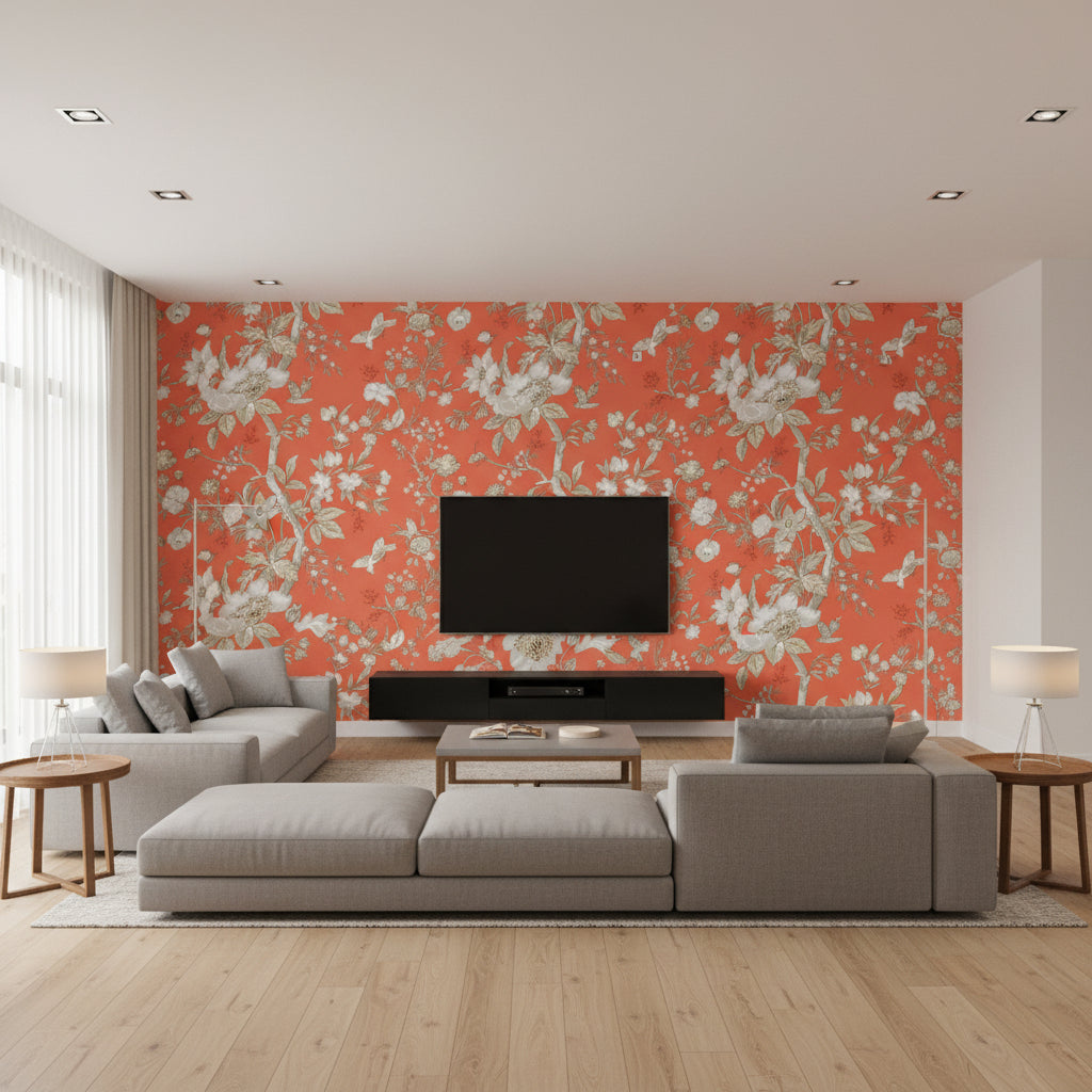 Nemour Coral Coral | Thibaut - Living Room Visualization (AI-generated, may not be to scale. Verify pattern scale with product specifications.)