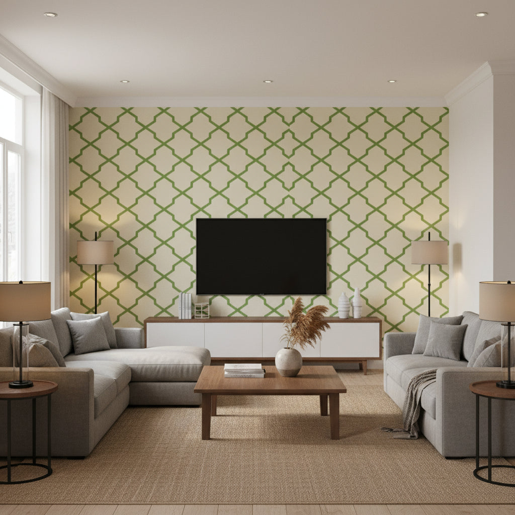 Myanmar Trellis Green Green | Thibaut - Living Room Visualization (AI-generated, may not be to scale. Verify pattern scale with product specifications.)