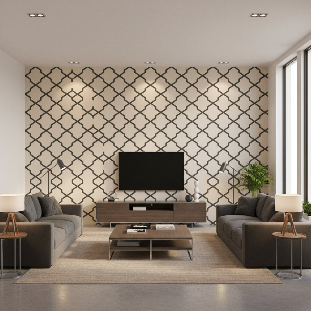 Myanmar Trellis Black Black | Thibaut - Living Room Visualization (AI-generated, may not be to scale. Verify pattern scale with product specifications.)