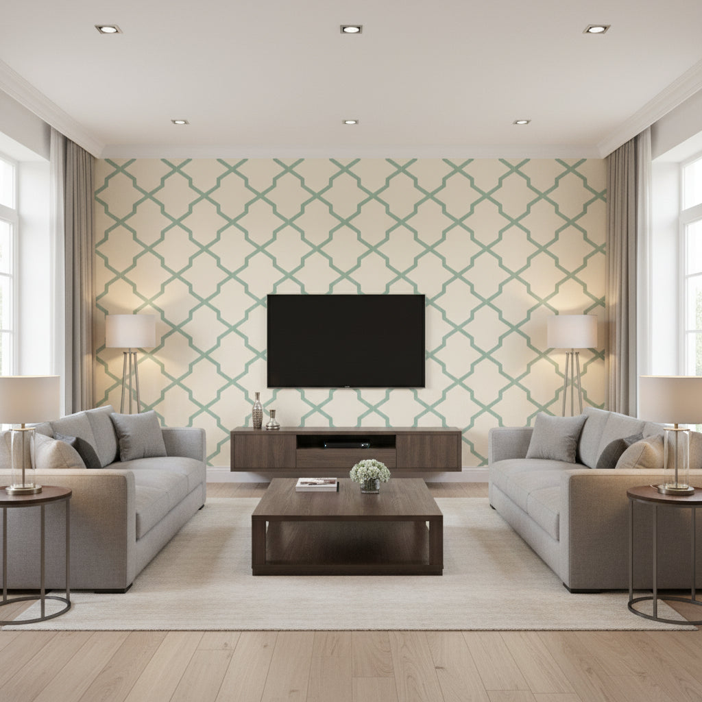 Myanmar Trellis Aqua Aqua | Thibaut - Living Room Visualization (AI-generated, may not be to scale. Verify pattern scale with product specifications.)