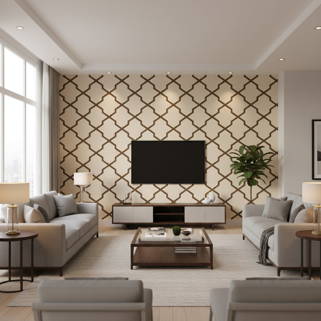 Myanmar Trellis Brown Brown | Thibaut - Living Room Visualization (AI-generated, may not be to scale. Verify pattern scale with product specifications.)