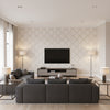 Myanmar Trellis Pearl Pearl | Thibaut - Living Room Visualization (AI-generated, may not be to scale. Verify pattern scale with product specifications.)
