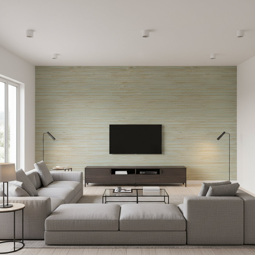 Stablewood Aqua Aqua | Thibaut - Living Room Visualization (AI-generated, may not be to scale. Verify pattern scale with product specifications.)