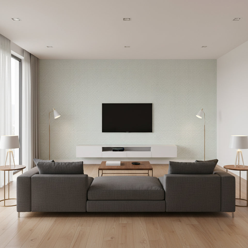 Wallcoverings Aqua Aqua | Thibaut - Living Room Visualization (AI-generated, may not be to scale. Verify pattern scale with product specifications.)