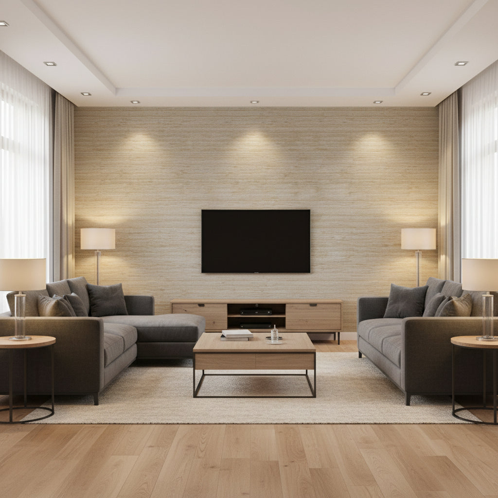 Stablewood Silver Silver | Thibaut - Living Room Visualization (AI-generated, may not be to scale. Verify pattern scale with product specifications.)