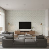 Bamboo Lattice Aqua Aqua | Thibaut - Living Room Visualization (AI-generated, may not be to scale. Verify pattern scale with product specifications.)