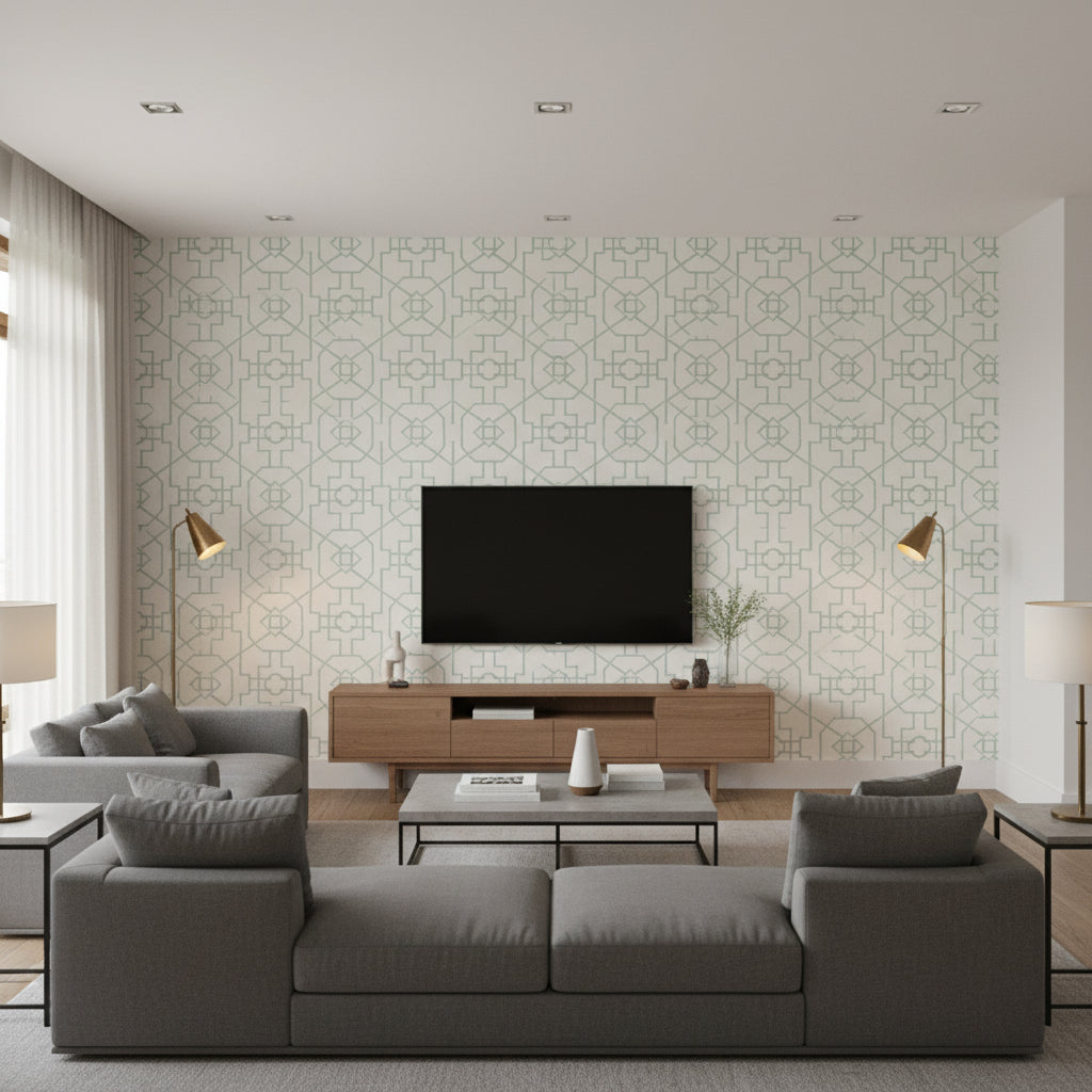 Bamboo Lattice Aqua Aqua | Thibaut - Living Room Visualization (AI-generated, may not be to scale. Verify pattern scale with product specifications.)
