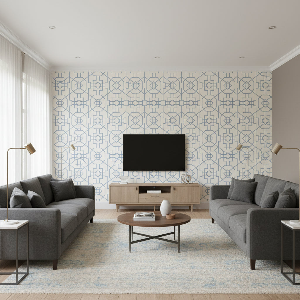 Bamboo Lattice Blue ivory | Thibaut - Living Room Visualization (AI-generated, may not be to scale. Verify pattern scale with product specifications.)