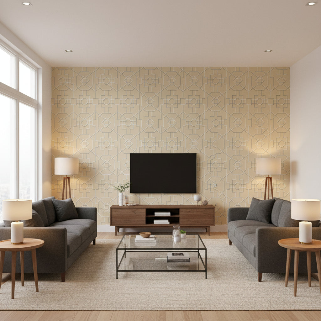 Maze Tan and Navy Tan and Navy | Thibaut - Living Room Visualization (AI-generated, may not be to scale. Verify pattern scale with product specifications.)