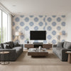Halie Circle Blue Blue | Thibaut - Living Room Visualization (AI-generated, may not be to scale. Verify pattern scale with product specifications.)