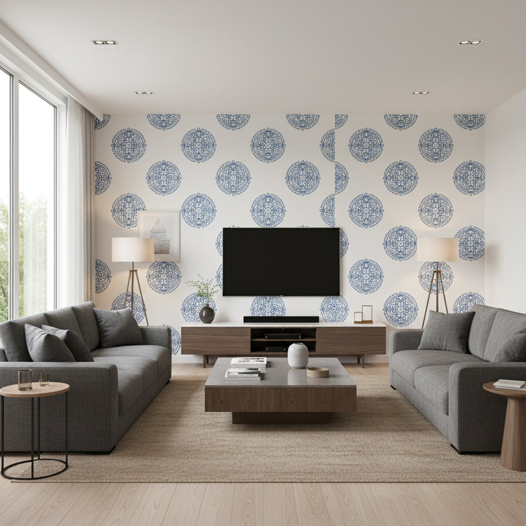 Halie Circle Blue Blue | Thibaut - Living Room Visualization (AI-generated, may not be to scale. Verify pattern scale with product specifications.)