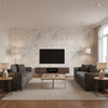 Halie Circle Pearl Pearl | Thibaut - Living Room Visualization (AI-generated, may not be to scale. Verify pattern scale with product specifications.)