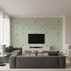 Halie Circle Aqua with Metallic Gold Aqua with Metallic Gold | Thibaut - Living Room Visualization (AI-generated, may not be to scale. Verify pattern scale with product specifications.)