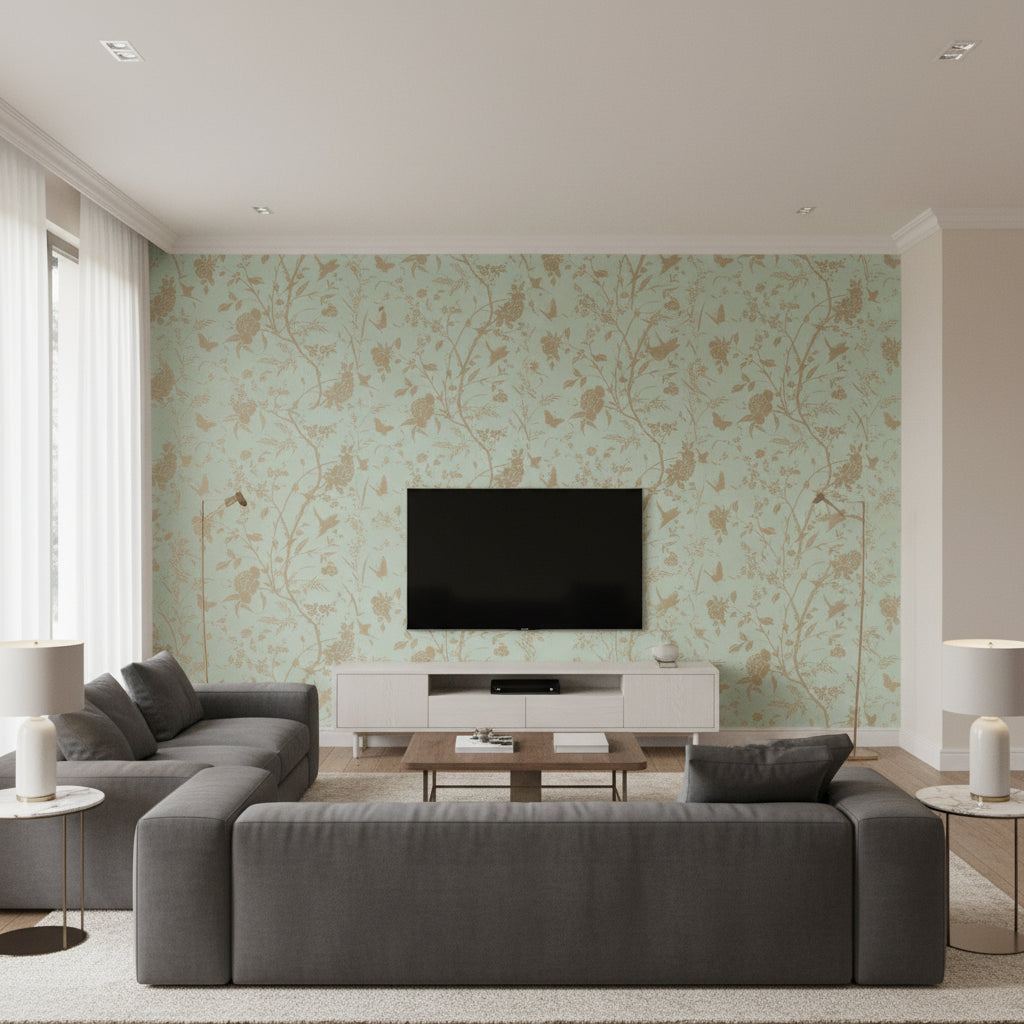 Halie Circle Aqua with Metallic Gold Aqua with Metallic Gold | Thibaut - Living Room Visualization (AI-generated, may not be to scale. Verify pattern scale with product specifications.)