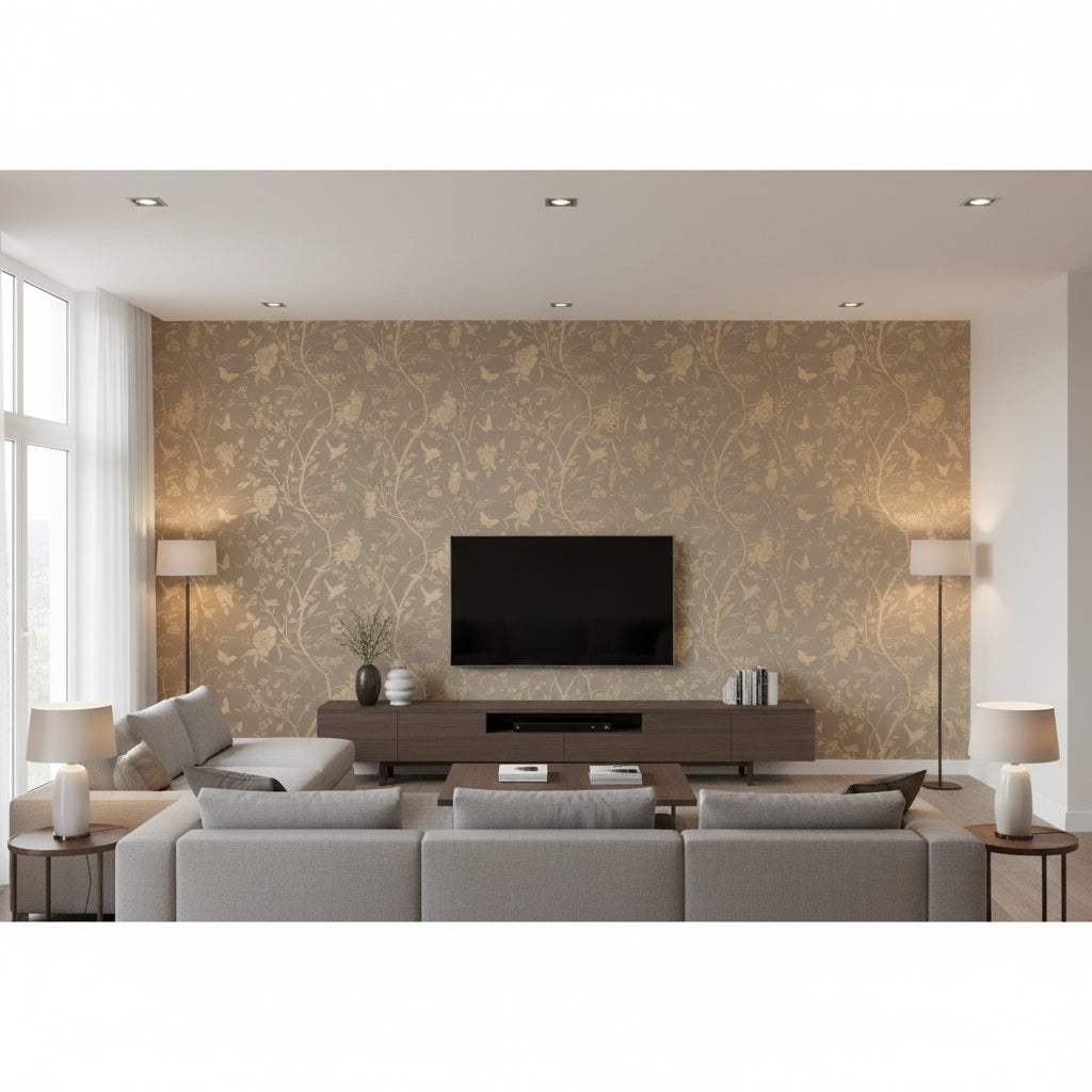 Halie Circle Grey with Metallic Gold Grey with Metallic Gold | Thibaut - Living Room Visualization (AI-generated, may not be to scale. Verify pattern scale with product specifications.)