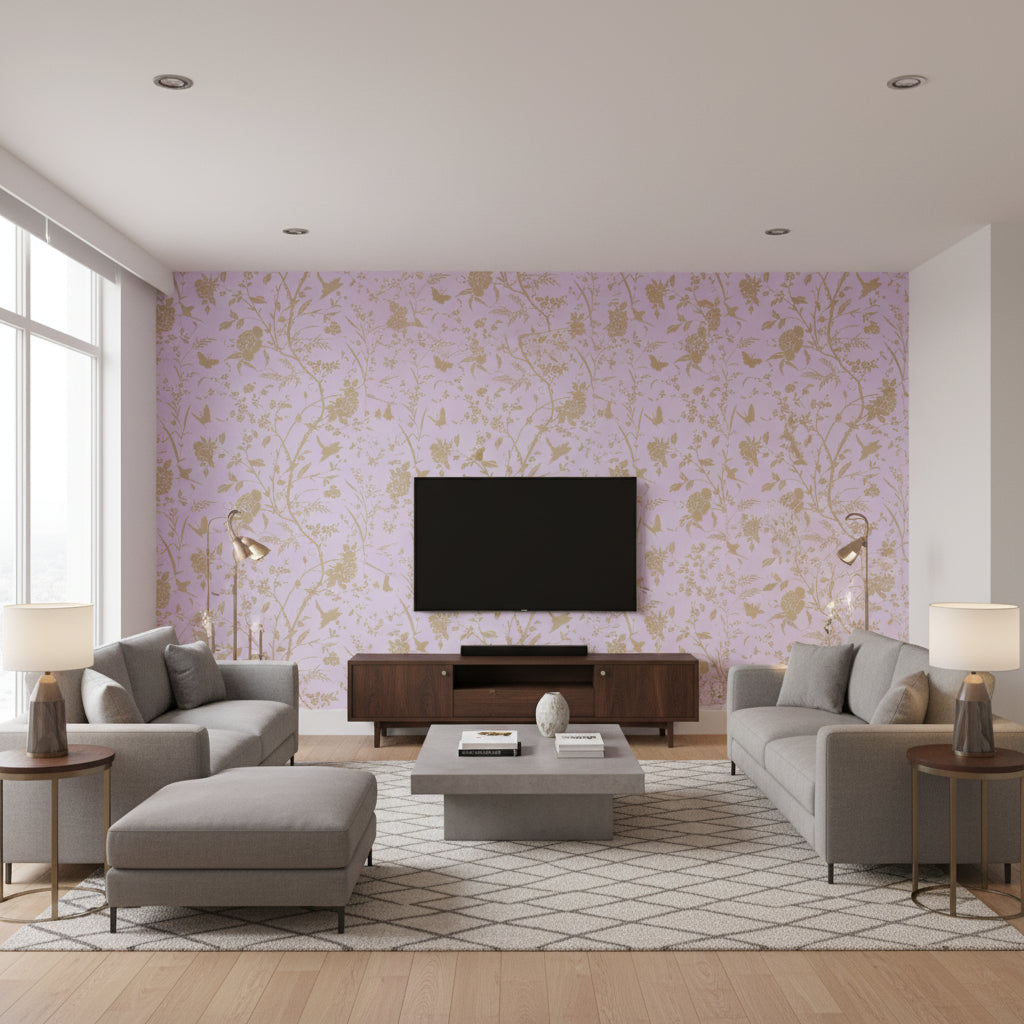 Halie Circle Lavender with Metallic Gold Lavender with Metallic Gold | Thibaut - Living Room Visualization (AI-generated, may not be to scale. Verify pattern scale with product specifications.)