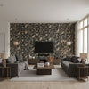 Halie Circle Black and Metallic Gold Black and Metallic Gold | Thibaut - Living Room Visualization (AI-generated, may not be to scale. Verify pattern scale with product specifications.)
