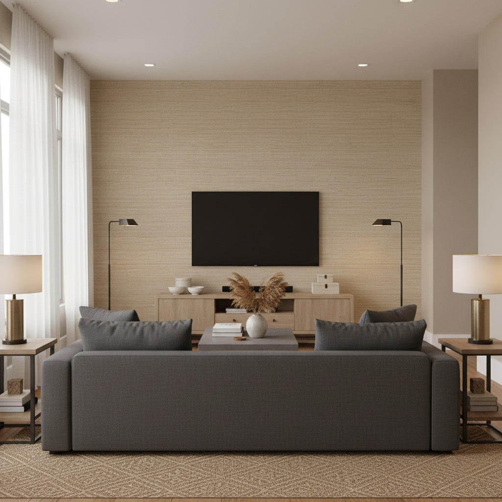 Stablewood Taupe Taupe | Thibaut - Living Room Visualization (AI-generated, may not be to scale. Verify pattern scale with product specifications.)