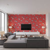 Halie Circle Red Red | Thibaut - Living Room Visualization (AI-generated, may not be to scale. Verify pattern scale with product specifications.)