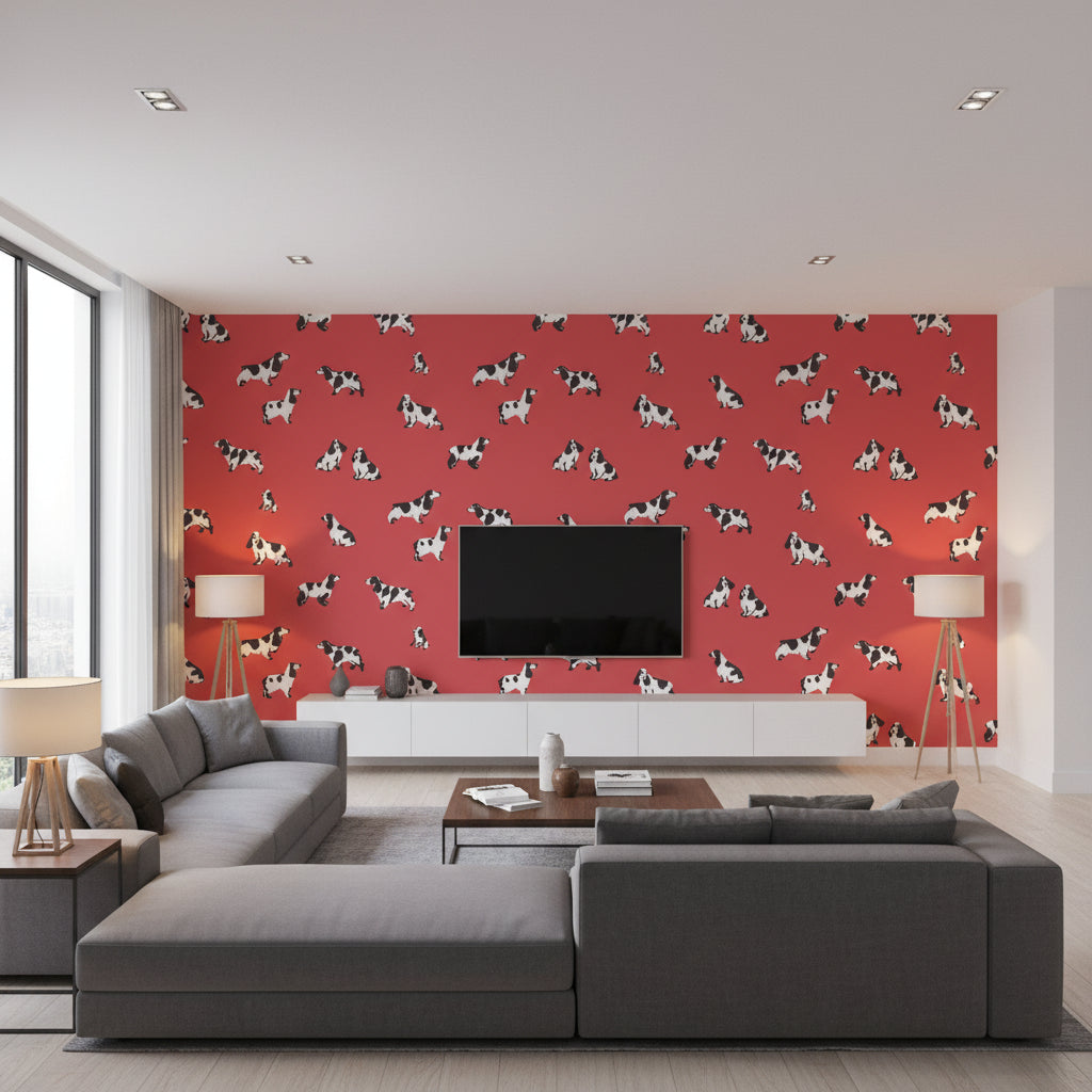 Halie Circle Red Red | Thibaut - Living Room Visualization (AI-generated, may not be to scale. Verify pattern scale with product specifications.)