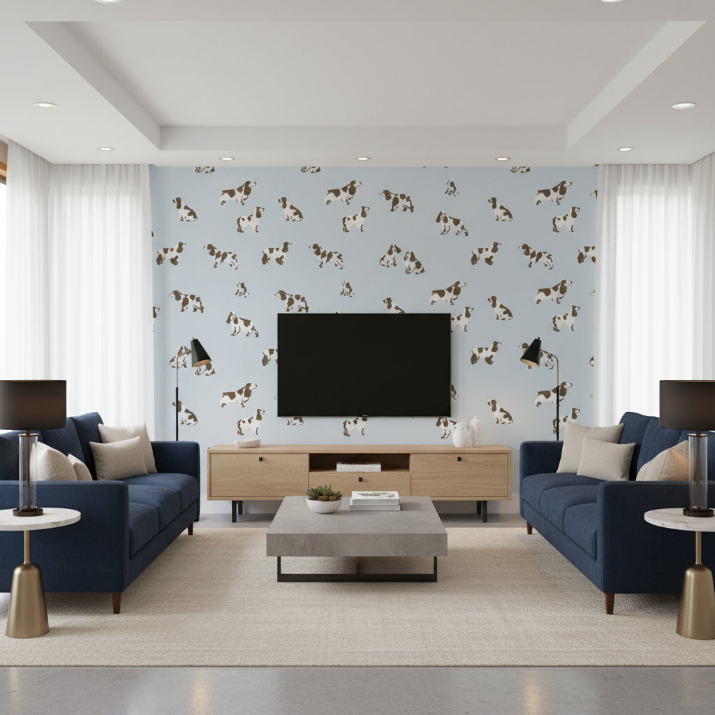 Halie Circle Light Blue Light Blue | Thibaut - Living Room Visualization (AI-generated, may not be to scale. Verify pattern scale with product specifications.)