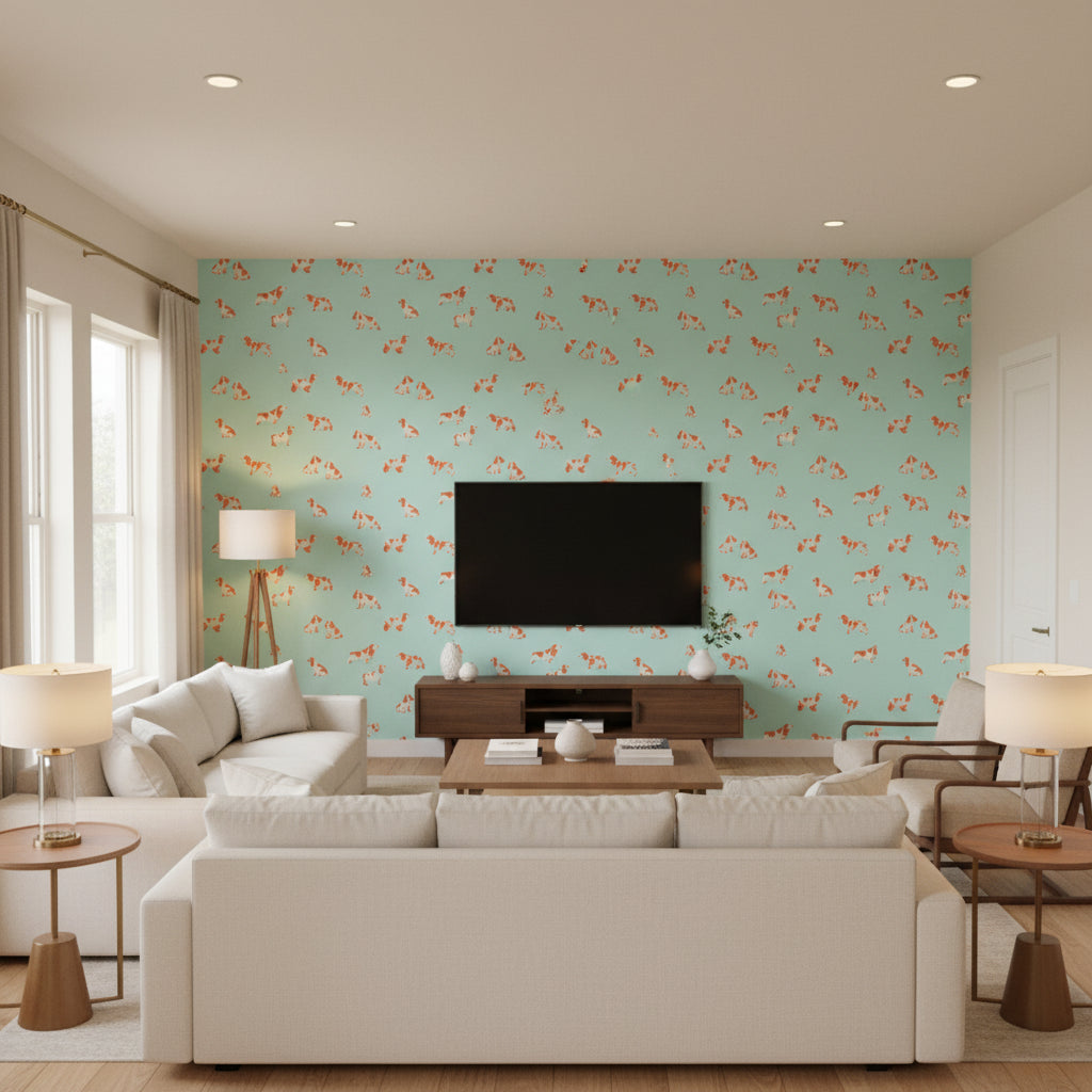 Halie Circle Aqua and Aqua and | Thibaut - Living Room Visualization (AI-generated, may not be to scale. Verify pattern scale with product specifications.)