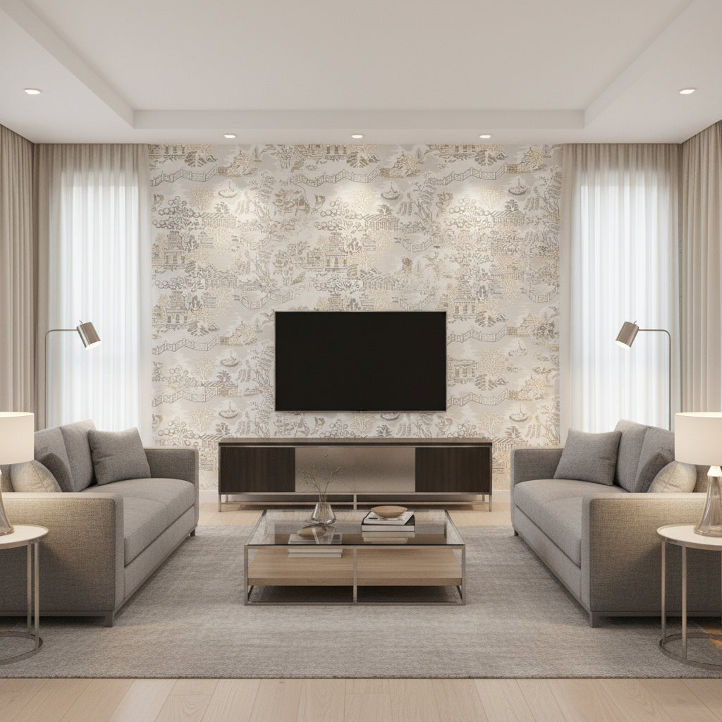 Halie Circle Pearl Pearl | Thibaut - Living Room Visualization (AI-generated, may not be to scale. Verify pattern scale with product specifications.)