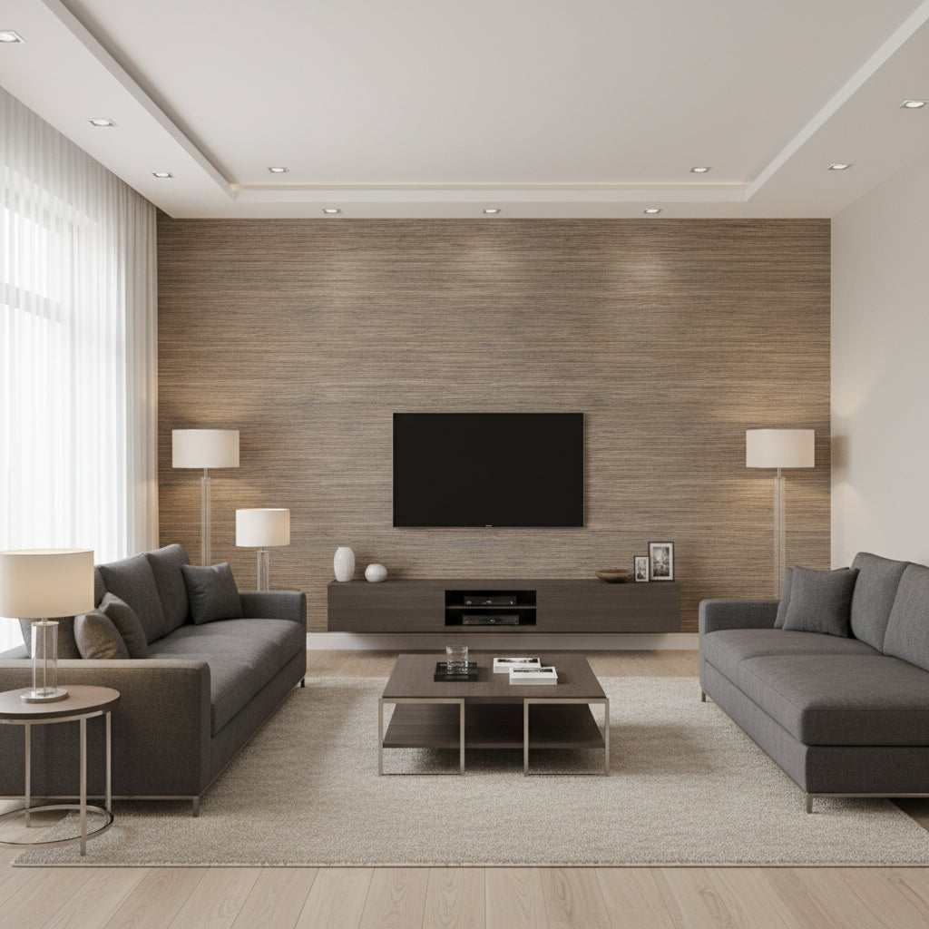 Ramie Bay Black Black | Thibaut - Living Room Visualization (AI-generated, may not be to scale. Verify pattern scale with product specifications.)